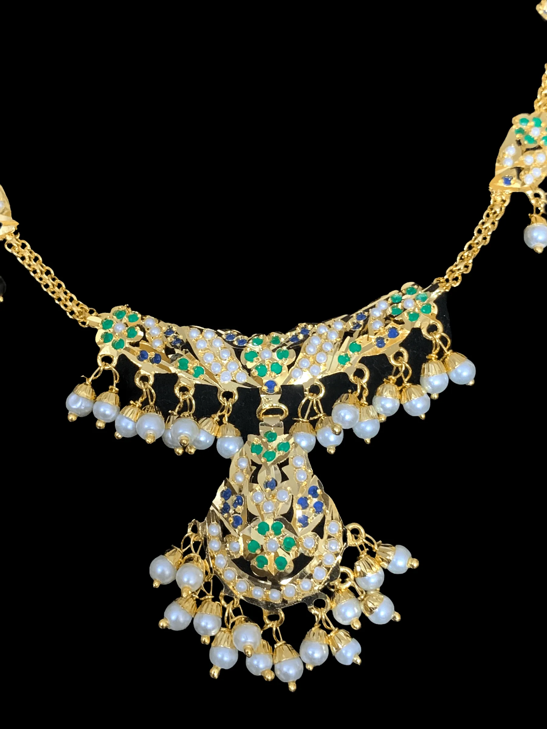 NS324 jadau necklace in emerald sapphire with fresh water pearls ( SHIPS IN 4 WEEKS )