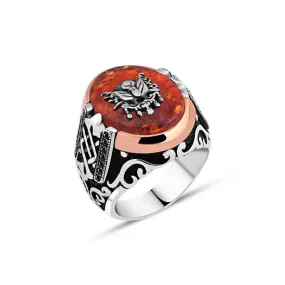 Ottoman Empire Coat of Arms on Red Ellipse Synthetic Amber Stone Silver Men's Ring Siding Braid Pattern and Zircons