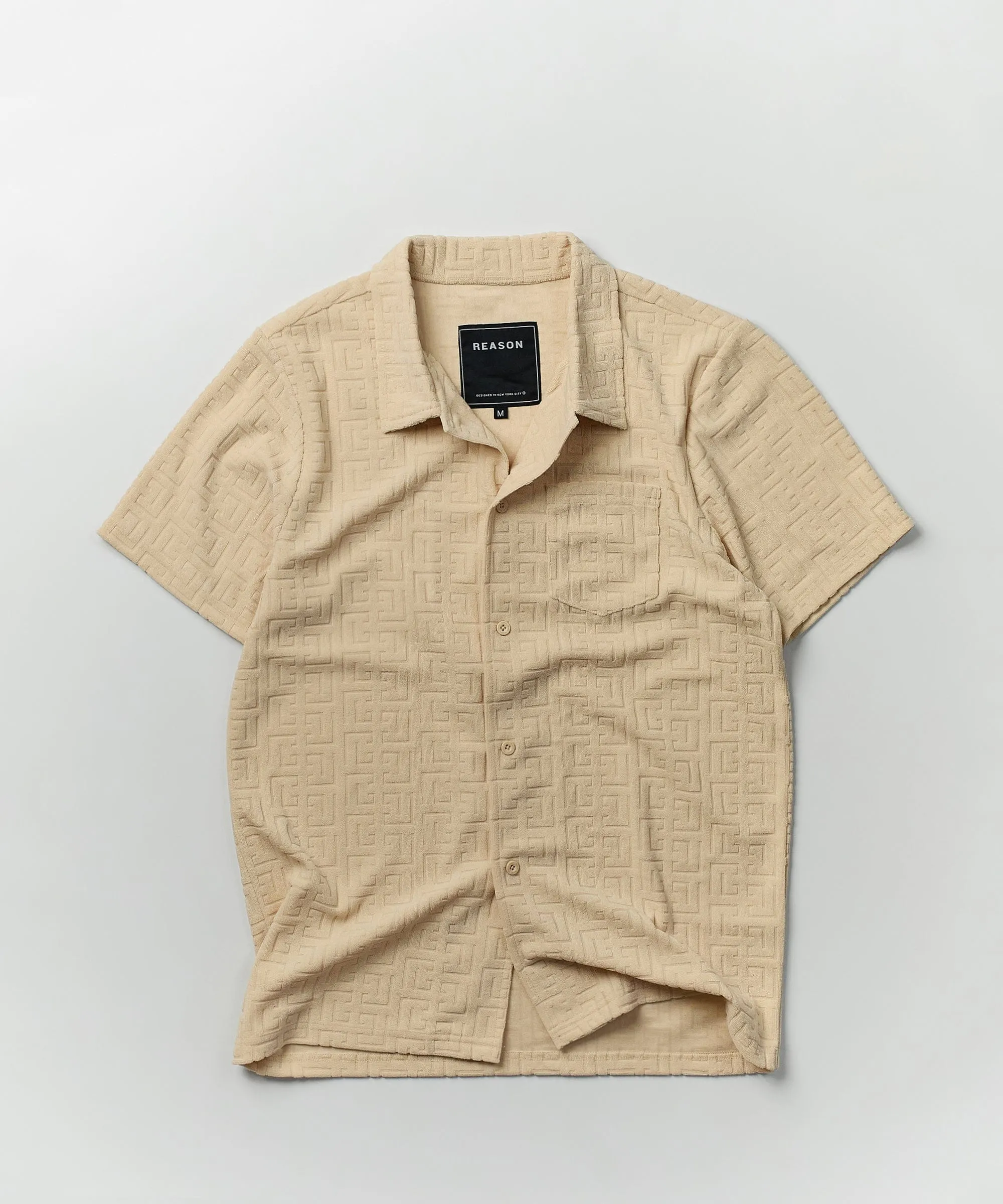 Towel Short Sleeve Embossed Pattern Button Down Shirt - Khaki