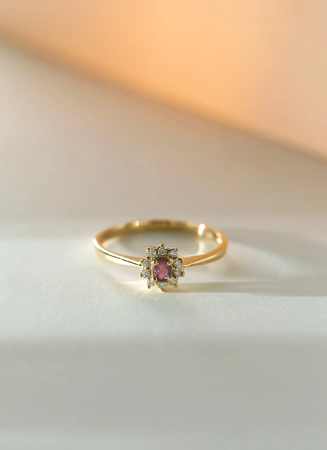 Triss halo diamond pink tourmaline ring 14k gold