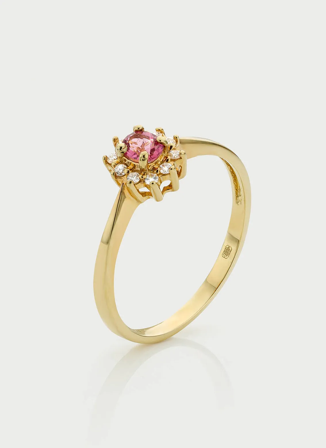 Triss halo diamond pink tourmaline ring 14k gold