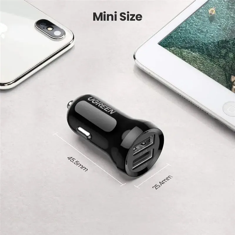 UGREEN 24W 4.8A- 12V Dual USB Mini Car Charger, Cigarette Lighter Adapter Compatible with iPhone 14/13/12/11/X/iPad Pro/Air/Mini, Galaxy S22/S21/S10/Note 20, Pixel 5/5a/4 etc. (50875)