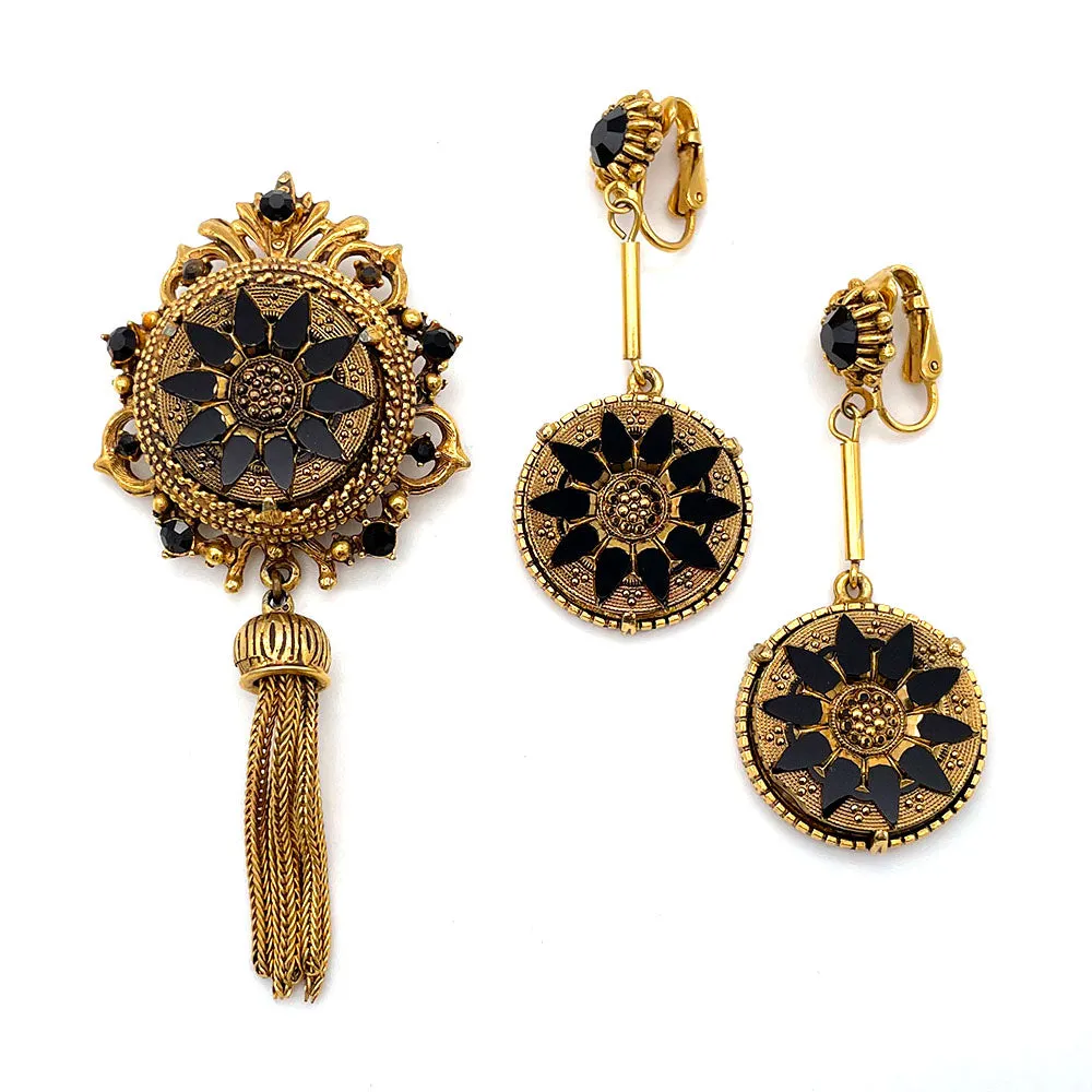 【USA輸入】ヴィンテージ FLORENZA ブラック ゴールド イヤリング/Vintage FLORENZA Black Gold Clip On Earrings