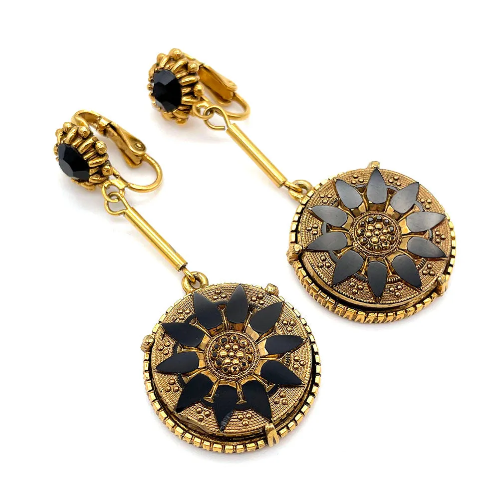 【USA輸入】ヴィンテージ FLORENZA ブラック ゴールド イヤリング/Vintage FLORENZA Black Gold Clip On Earrings