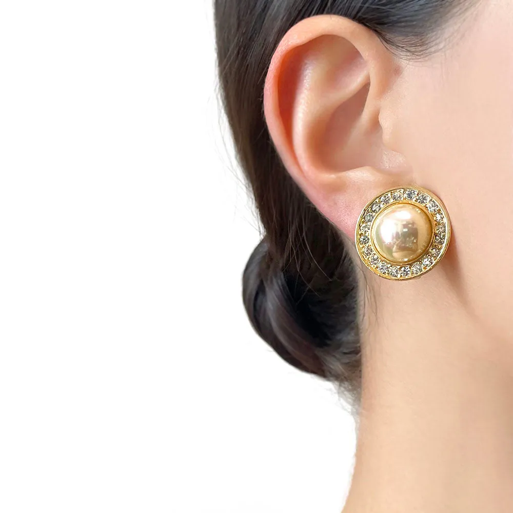 【USA輸入】ヴィンテージ ROMAN パール クリアビジュー イヤリング/Vintage ROMAN Pearl Clear Bijou Clip On Earrings