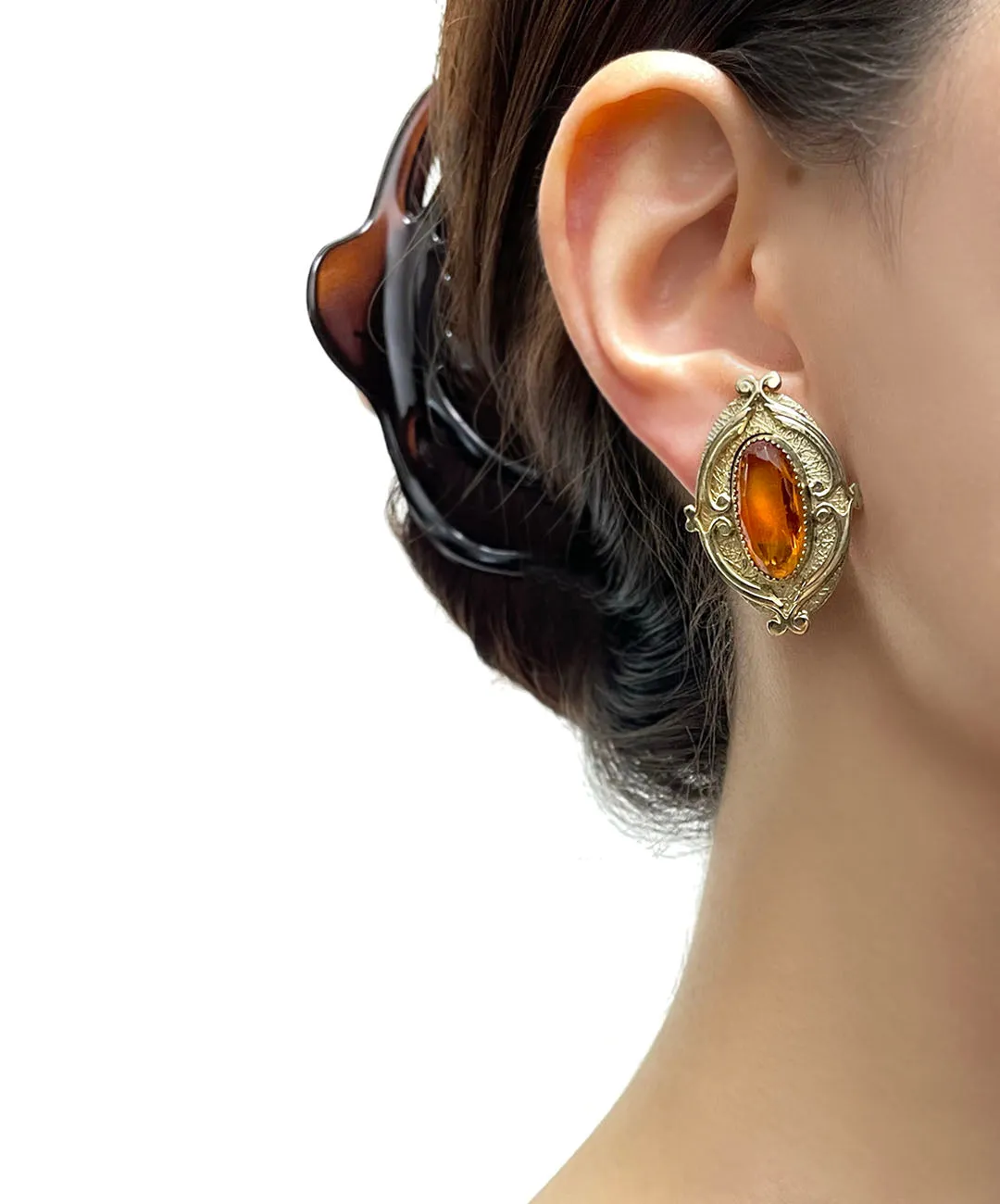 【USA輸入】ヴィンテージ WHITING & DAVIS トパーズ ガラス イヤリング/Vintage WHITING & DAVIS Topaz Glass Clip On Earrings