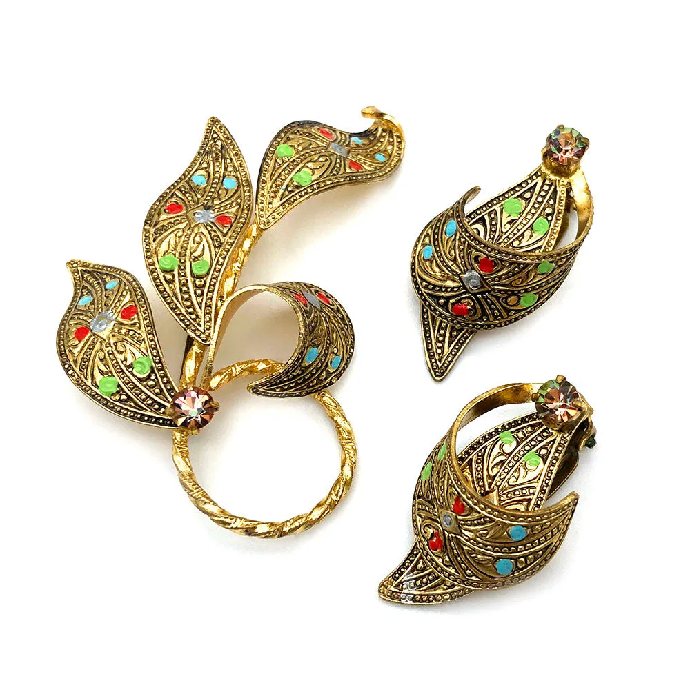 【USA輸入】ヴィンテージ 西ドイツ製 リーフ ラインストーン イヤリング/Vintage W.GERMANY Leaf Rhinestones Clip On Earrings