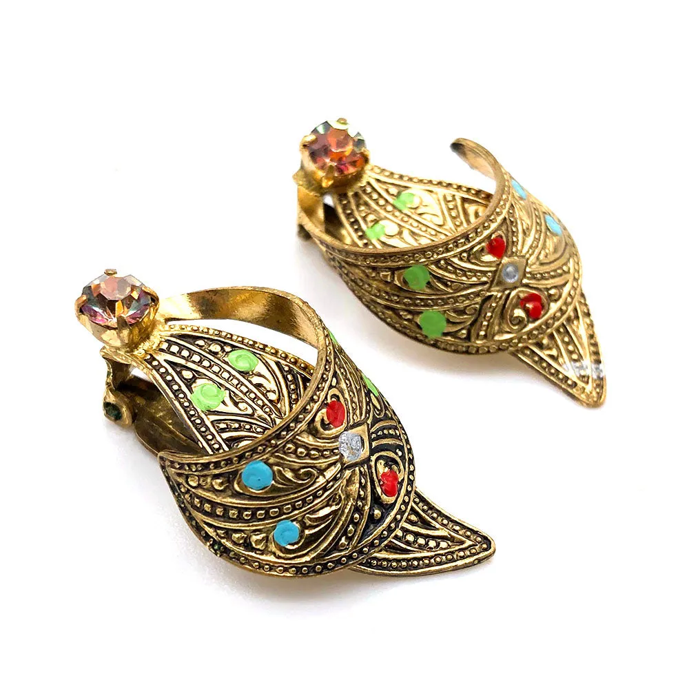 【USA輸入】ヴィンテージ 西ドイツ製 リーフ ラインストーン イヤリング/Vintage W.GERMANY Leaf Rhinestones Clip On Earrings