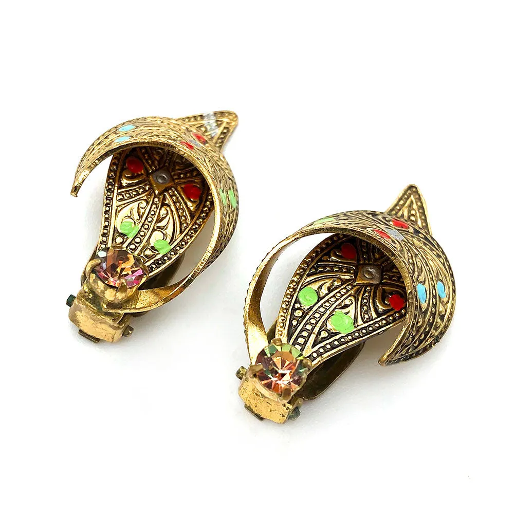 【USA輸入】ヴィンテージ 西ドイツ製 リーフ ラインストーン イヤリング/Vintage W.GERMANY Leaf Rhinestones Clip On Earrings