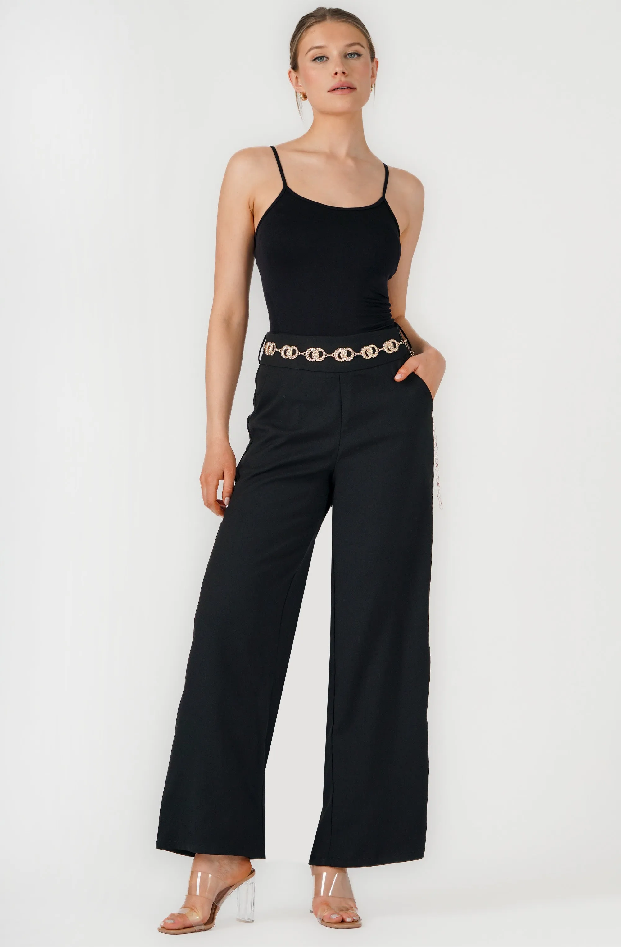 Wide Leg Pant with Gold Chain Belt